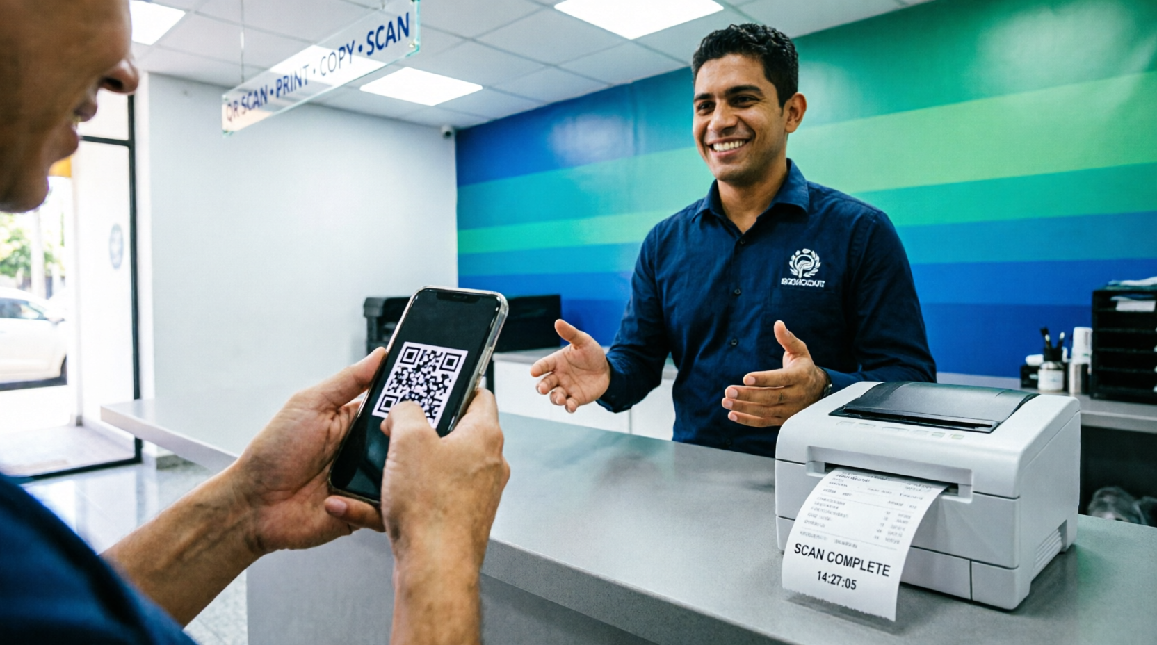 Cliente escaneando QR code na copiadora